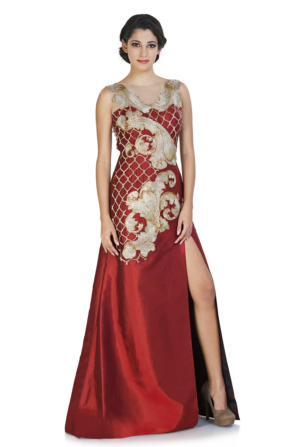 Maroon Embroidered Gown With High Slit