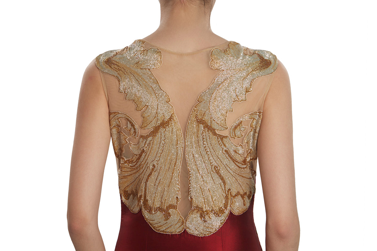 Maroon Embroidered Gown With High Slit