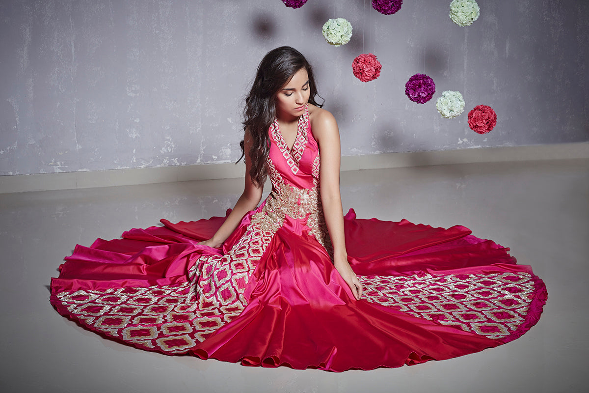 Pink Embroidered Halter Gown