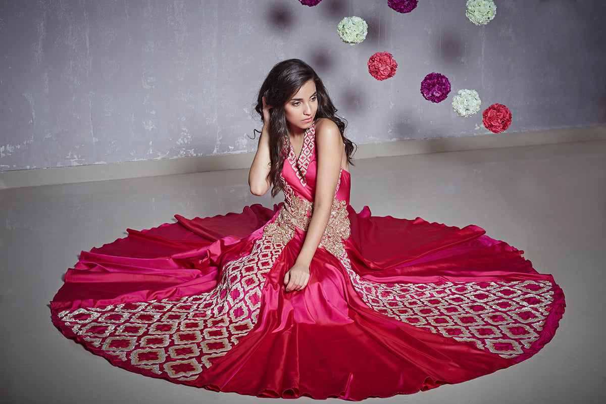 Pink Embroidered Halter Gown