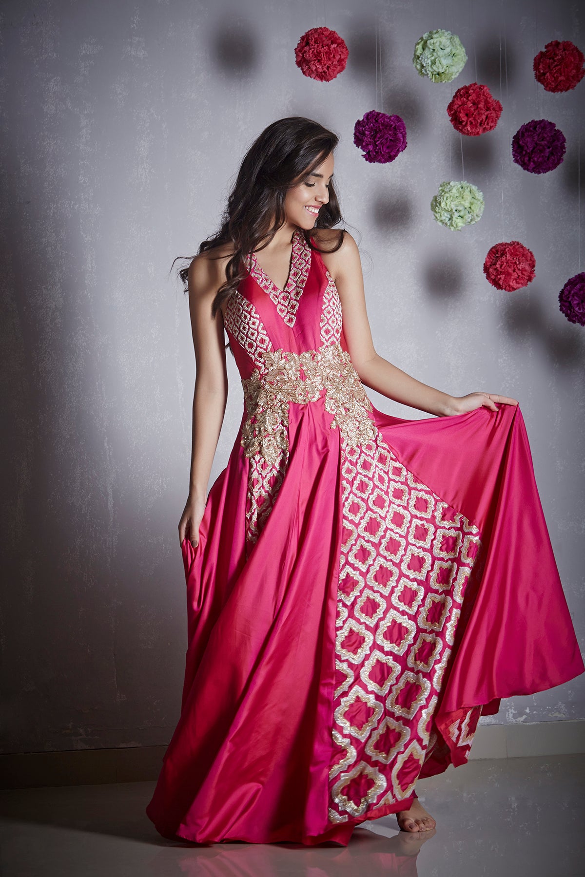 Pink Embroidered Halter Gown