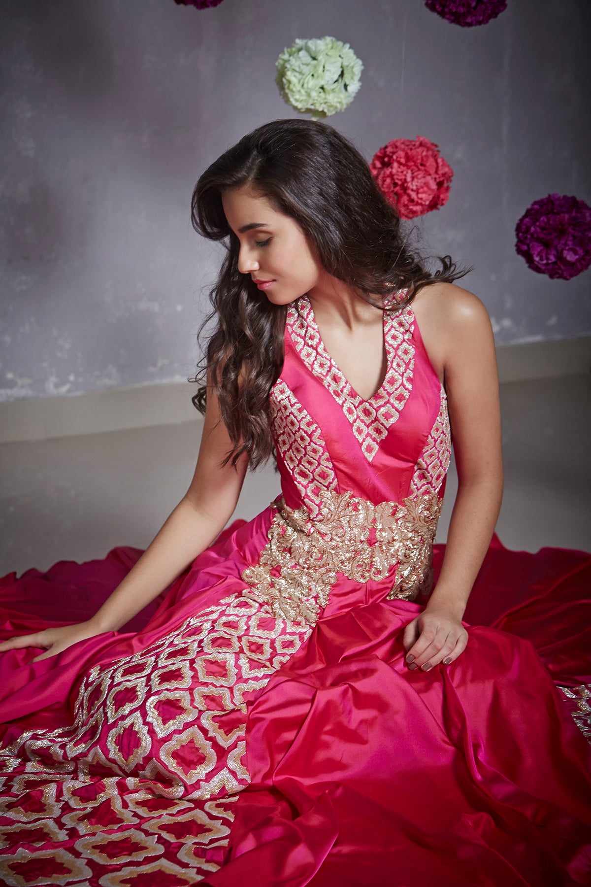 Pink Embroidered Halter Gown