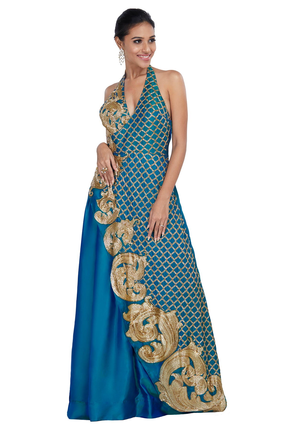 Sea Green Embroidered Halter Gown