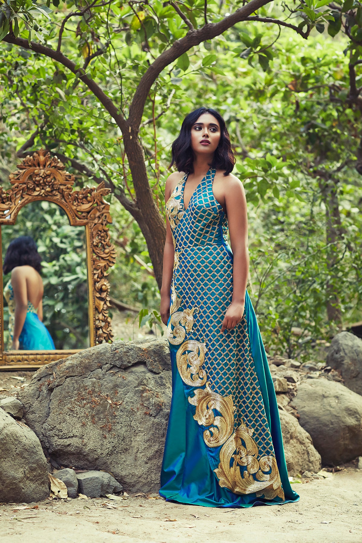 Sea Green Embroidered Halter Gown