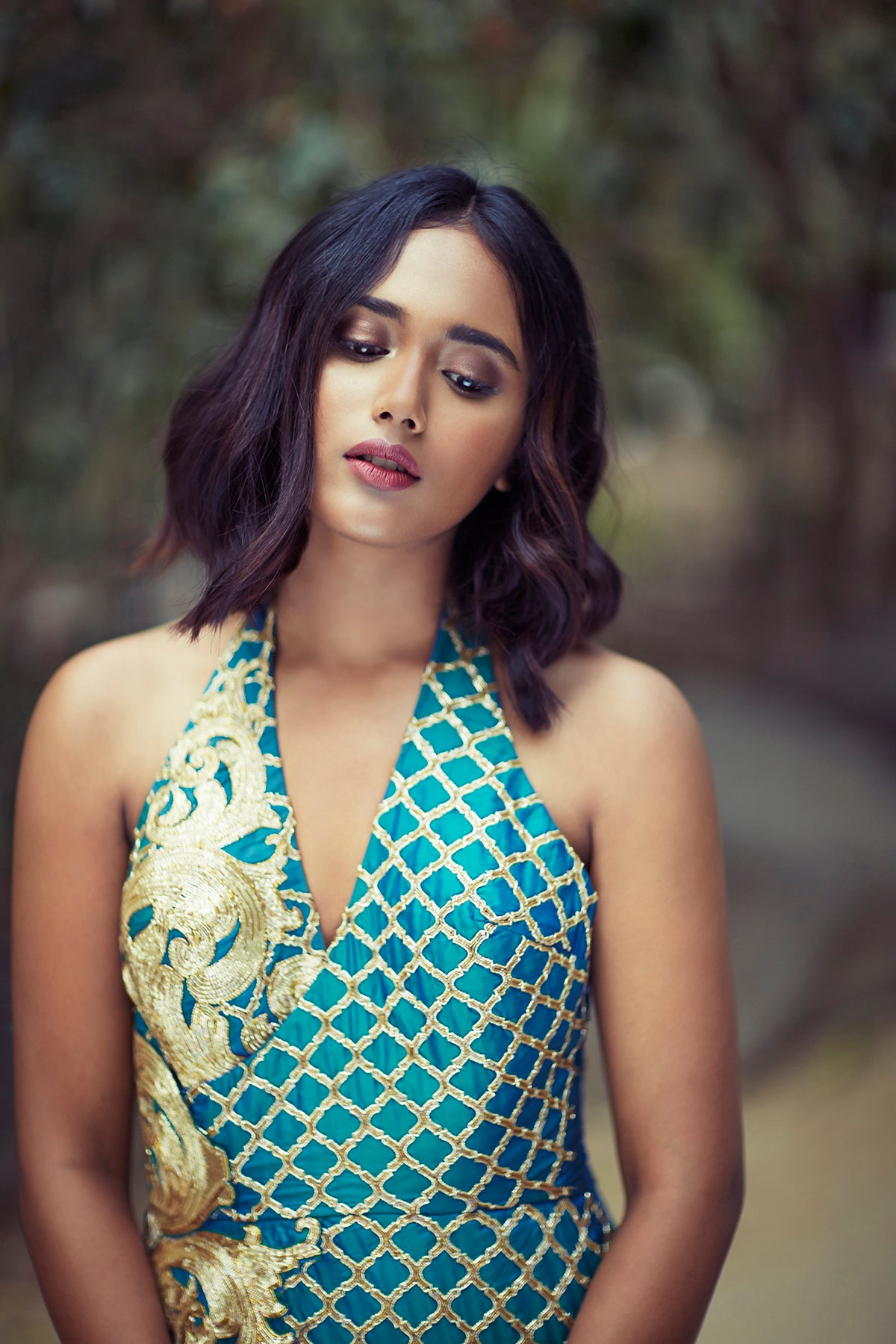 Sea Green Embroidered Halter Gown