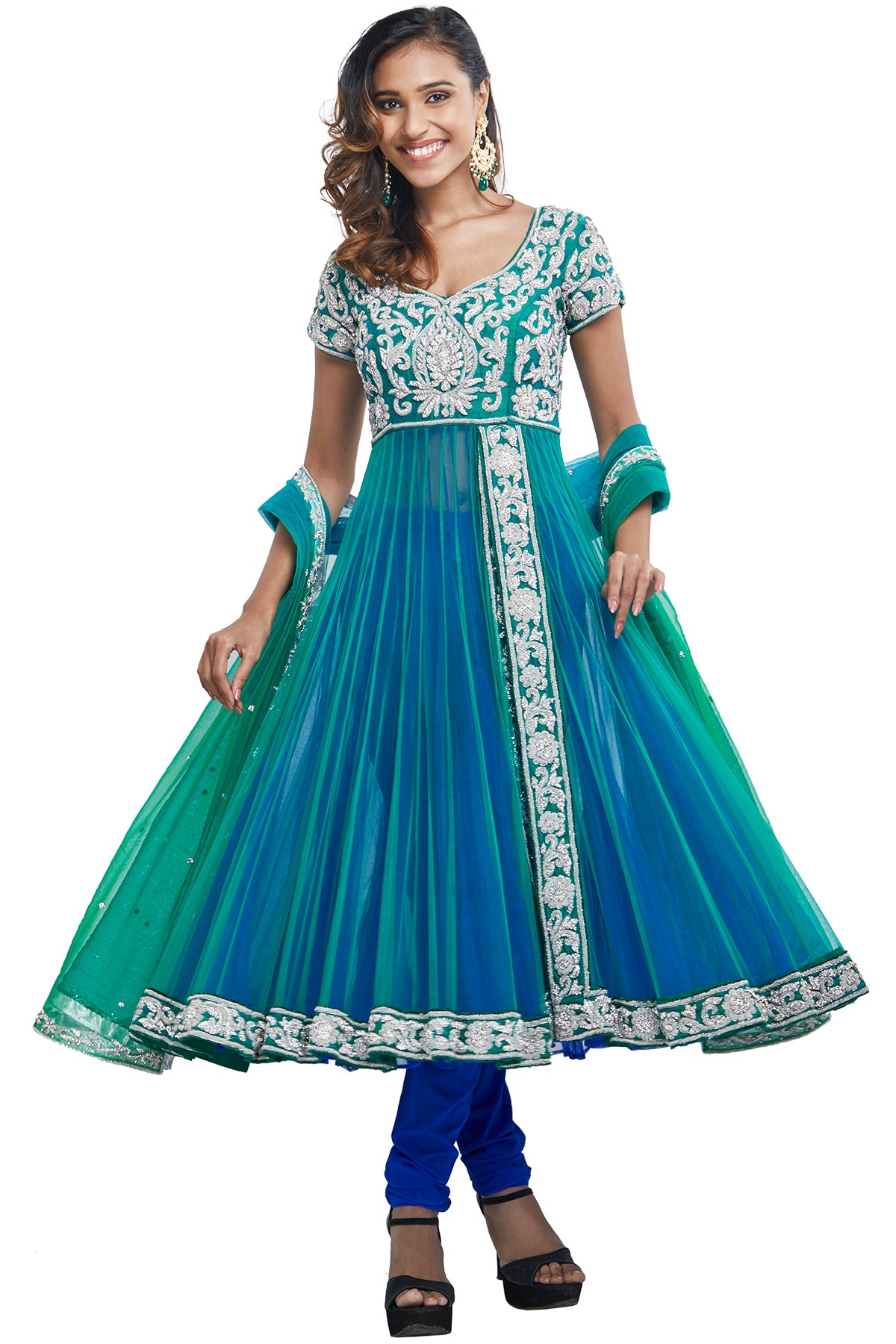 Blue Green Double Layered Anarkali Set