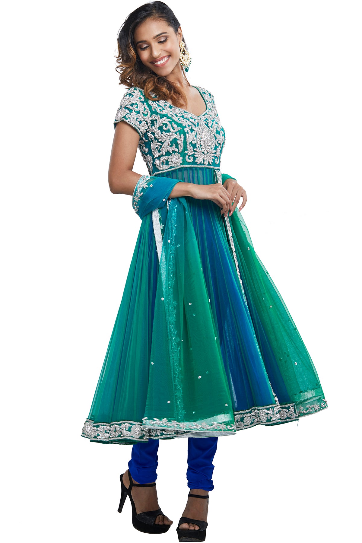 Blue Green Double Layered Anarkali Set