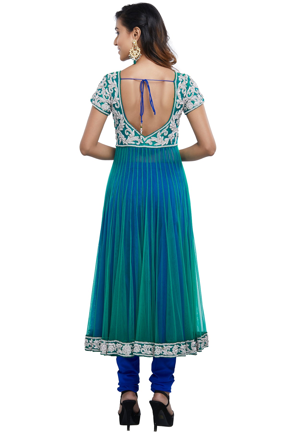 Blue Green Double Layered Anarkali Set