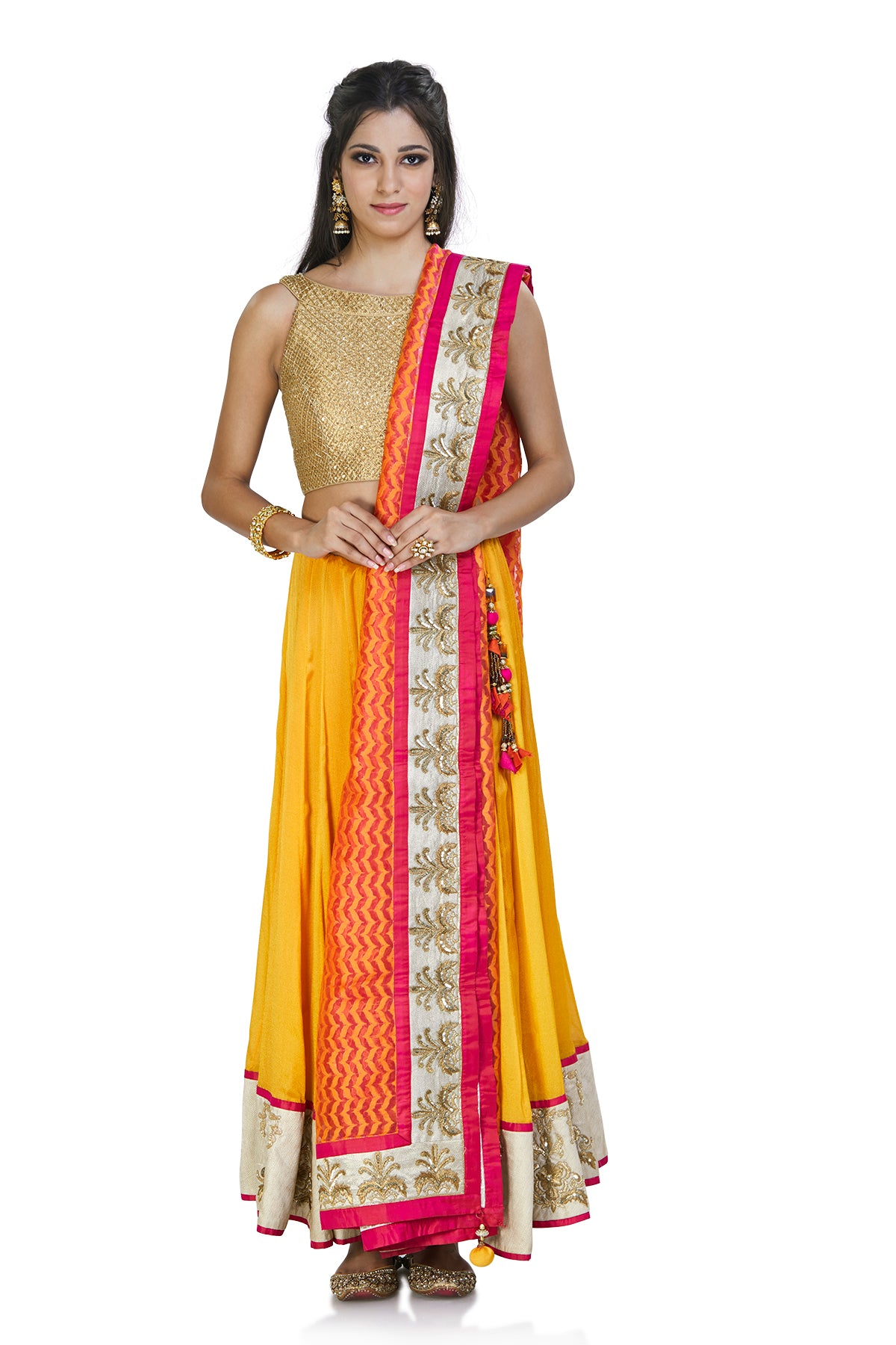 Gold Blouse With Saffron Lehenga Set