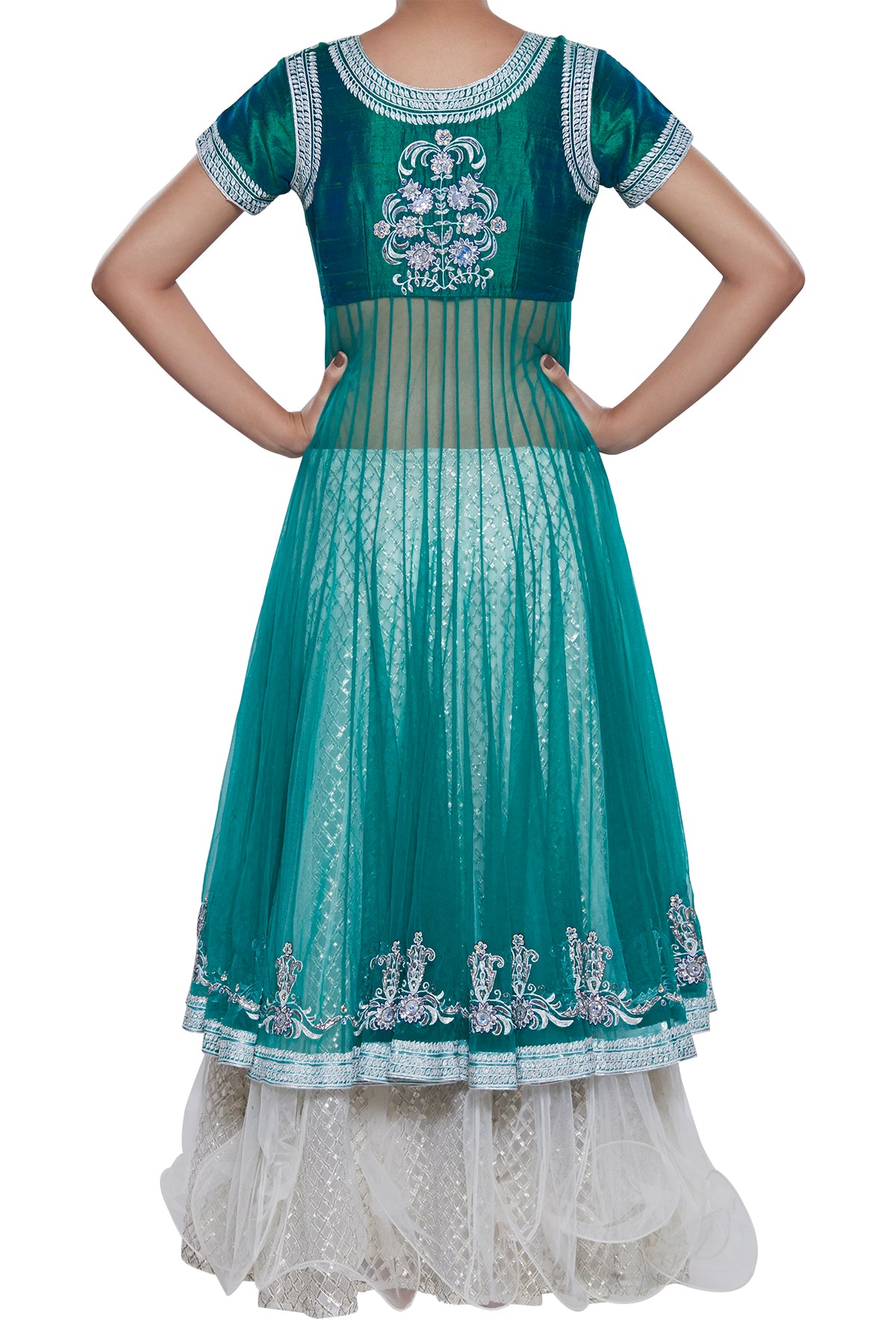 Green Long Top On White Double Layered Lehenga