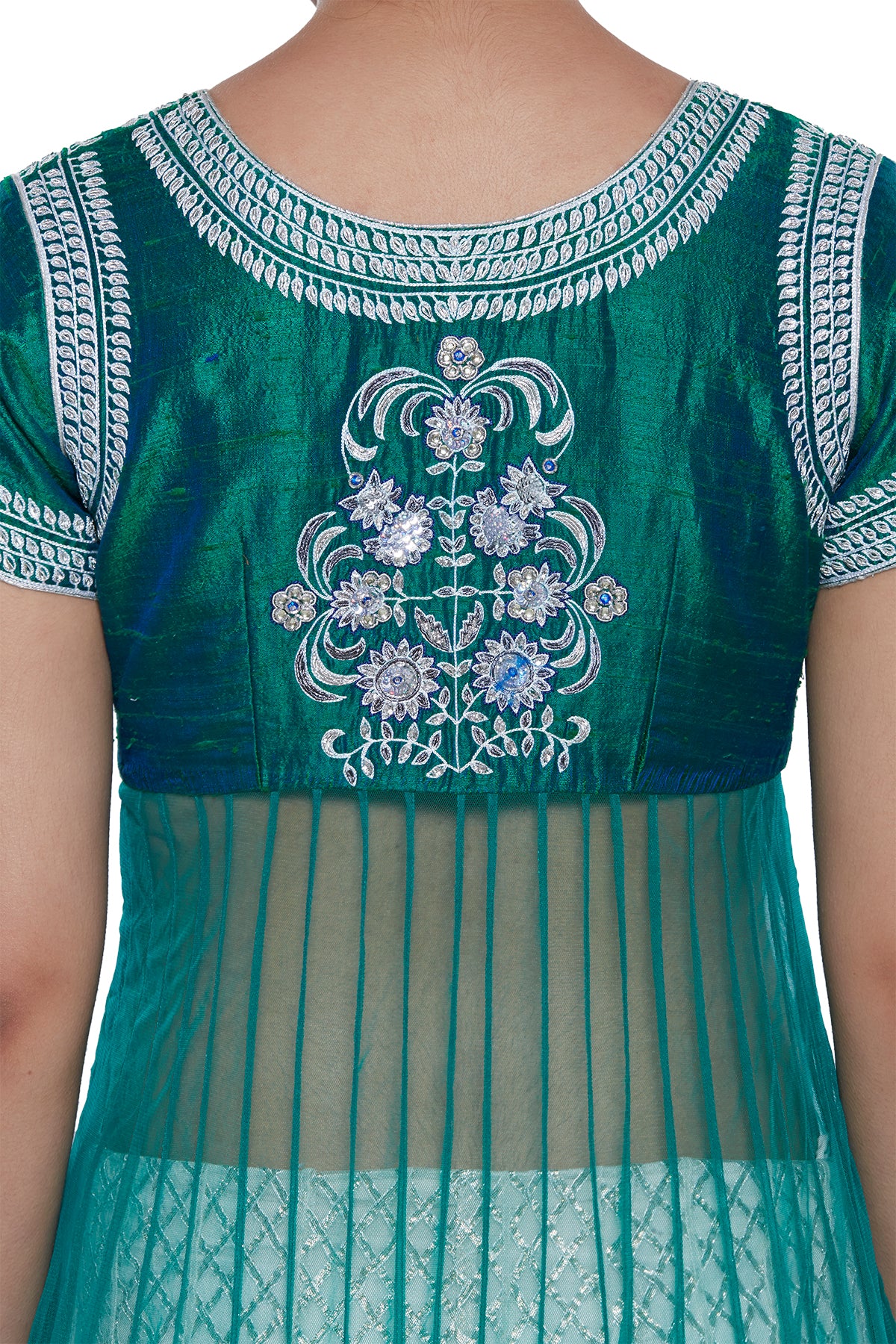Green Long Top On White Double Layered Lehenga
