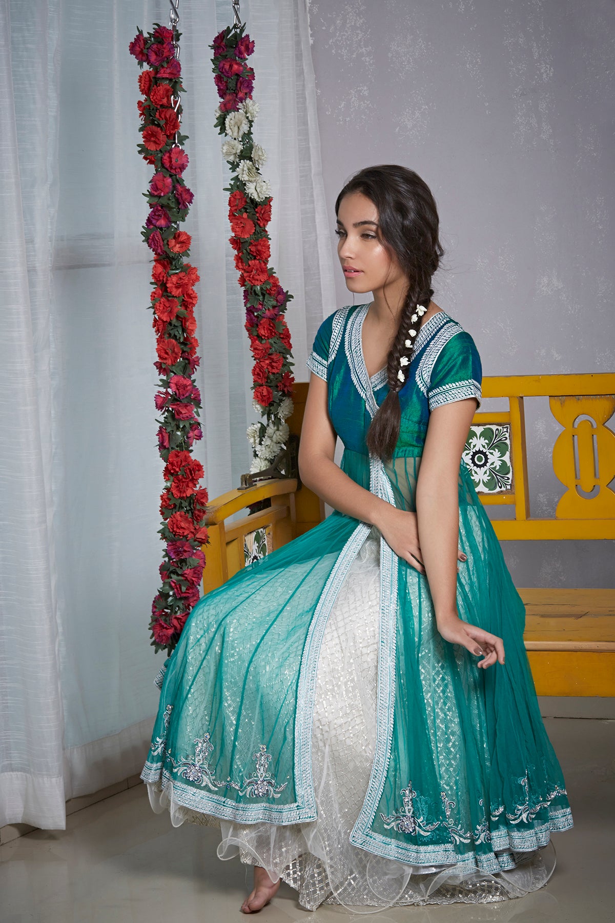 Green Long Top On White Double Layered Lehenga