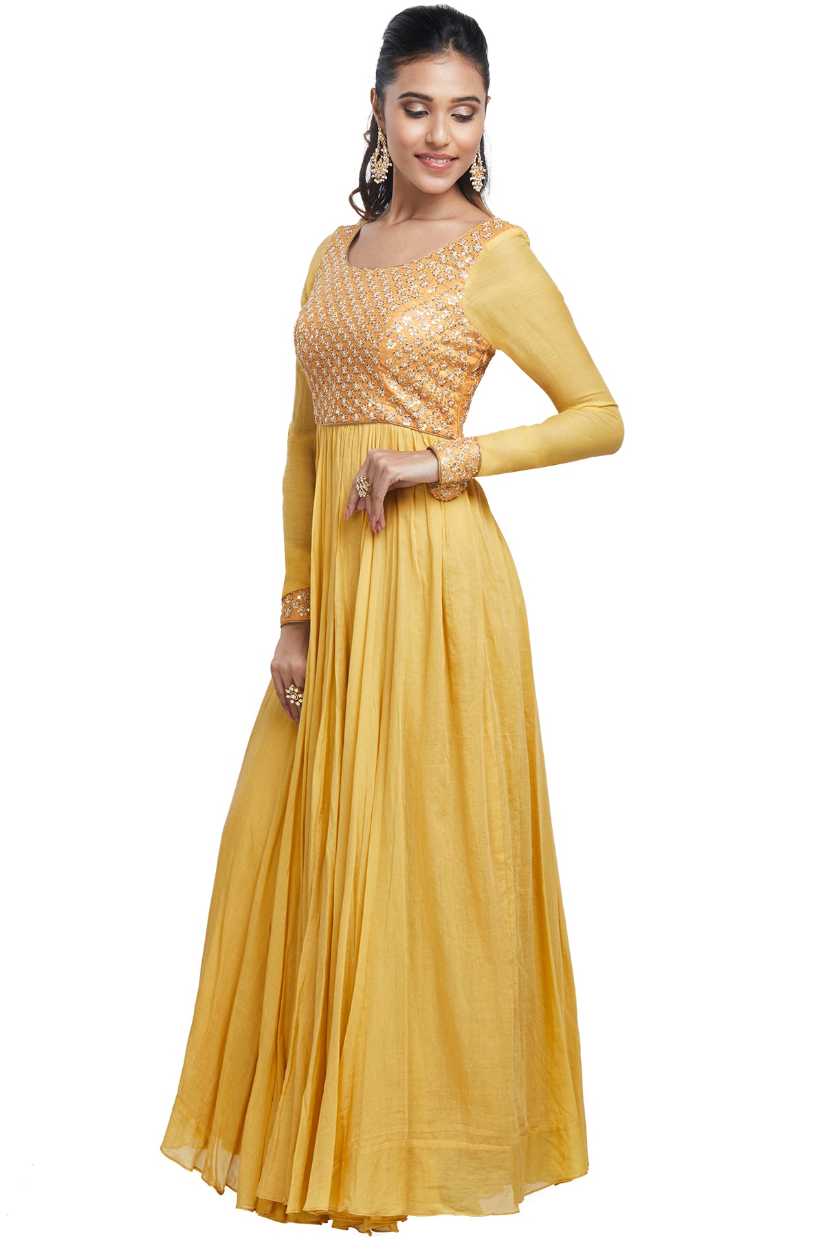 Mustard Anarkali Set with Embroidered Body