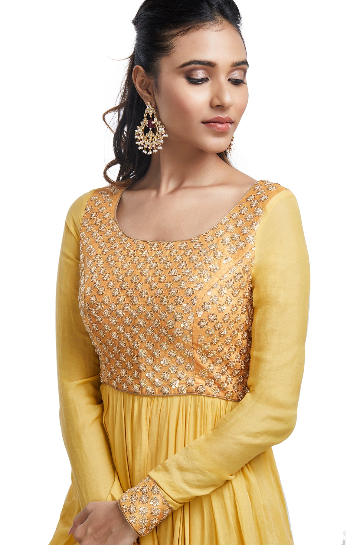 Mustard Anarkali Set with Embroidered Body