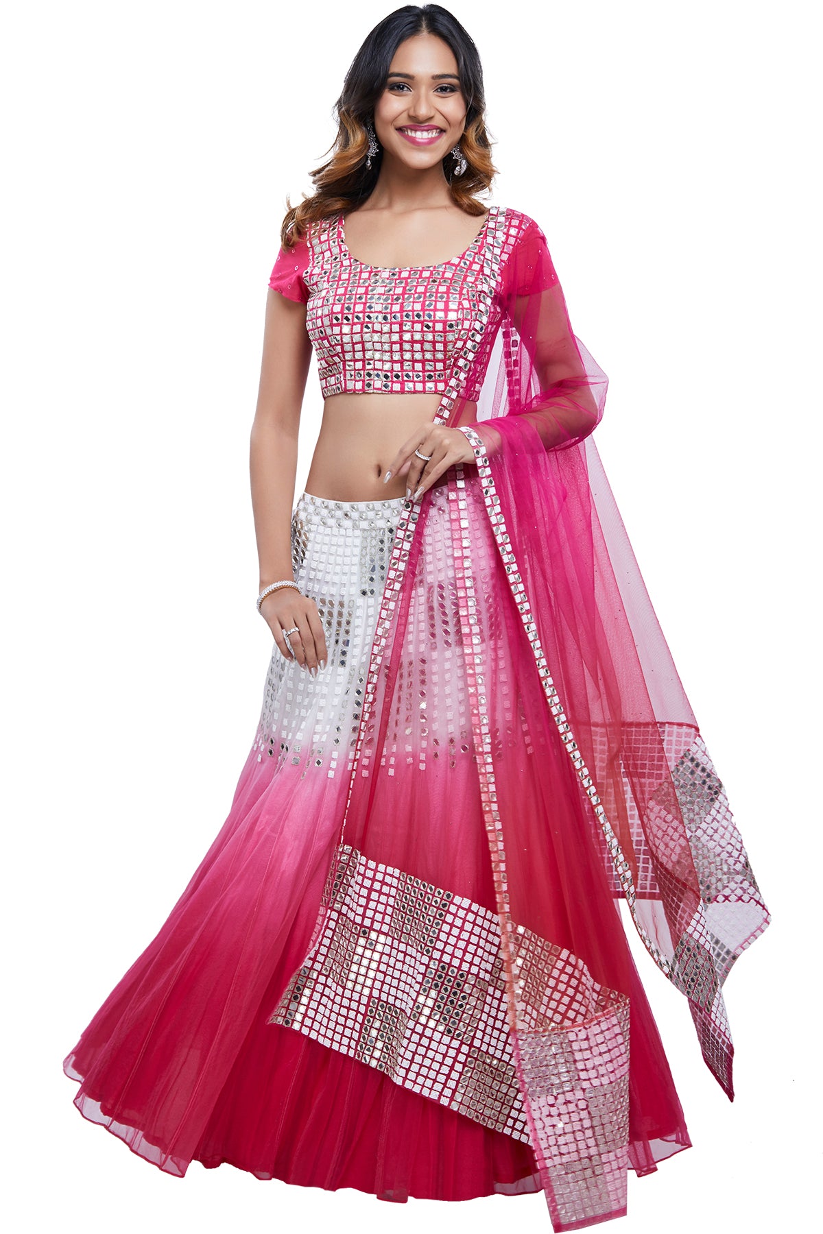 Pink And White Ombre Mirror Lehenga Set