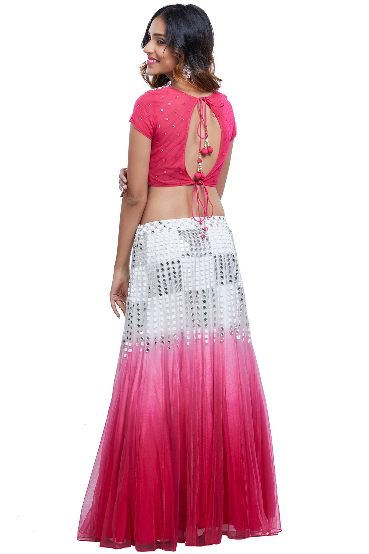 Pink And White Ombre Mirror Lehenga Set
