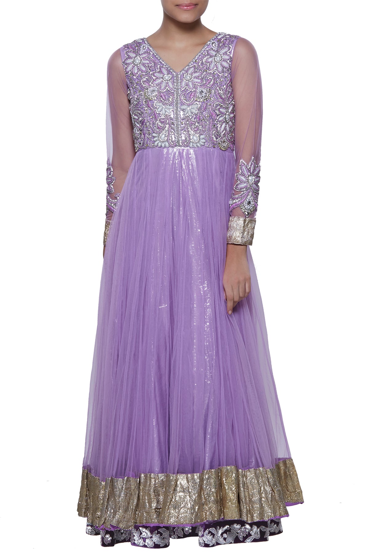 With a mirage of pearl stones, a lilac embroidered bodice and full sleeves in net - glide into your next traditional function with grace. Seal the deal with the outfit's gota border which makes it stylish head to toe.