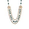 For all those who love it over the top - amp up the drama in this layered pearl necklace in white and green and finished with kundan at the edges.

