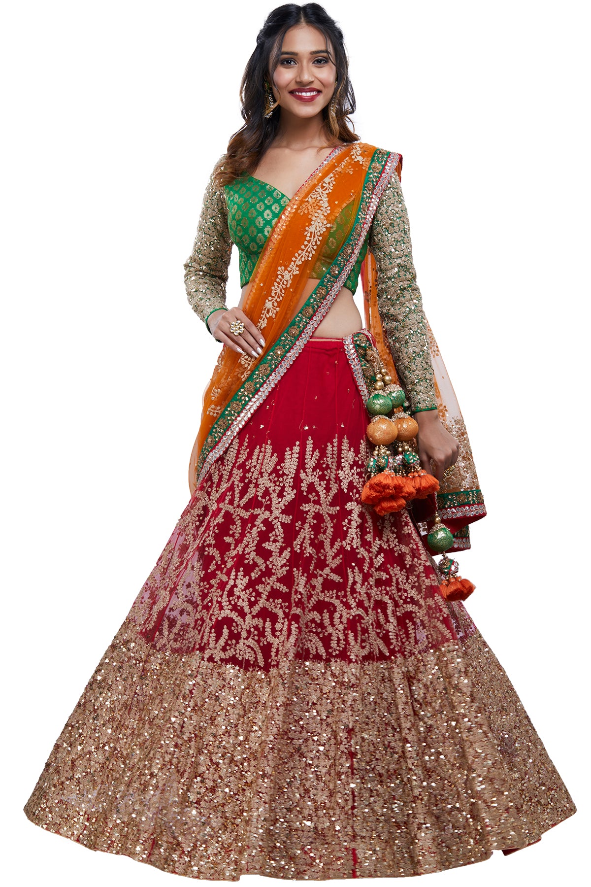 Red, Green And Orange Lehenga Set