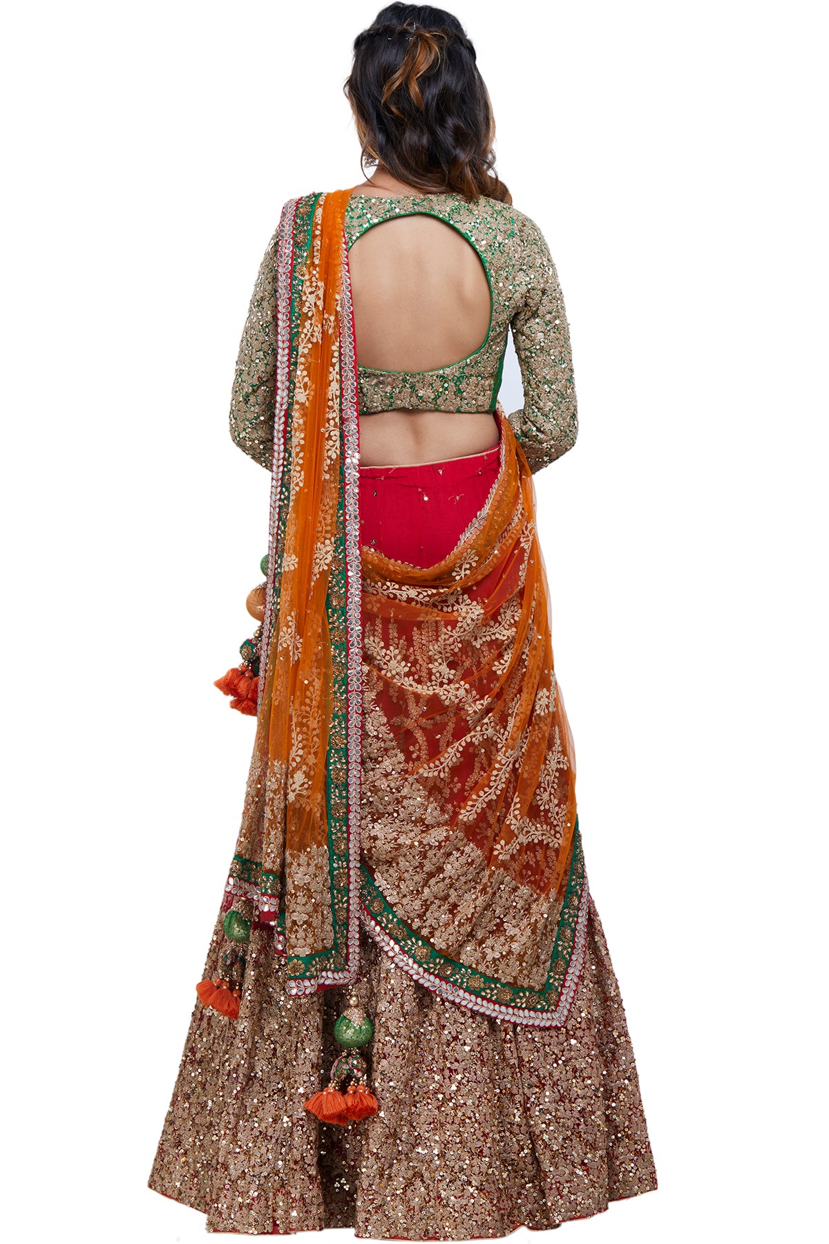Red, Green And Orange Lehenga Set