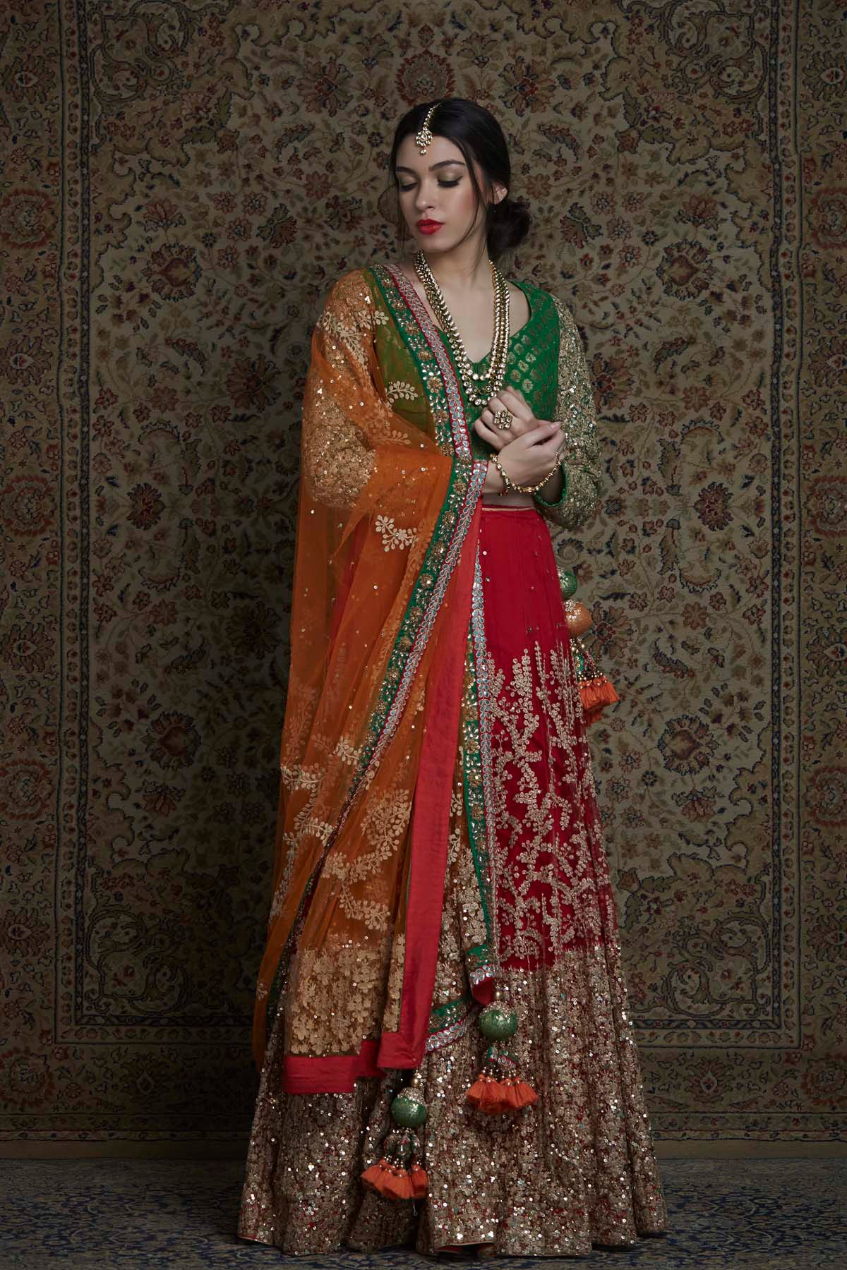 Red, Green And Orange Lehenga Set