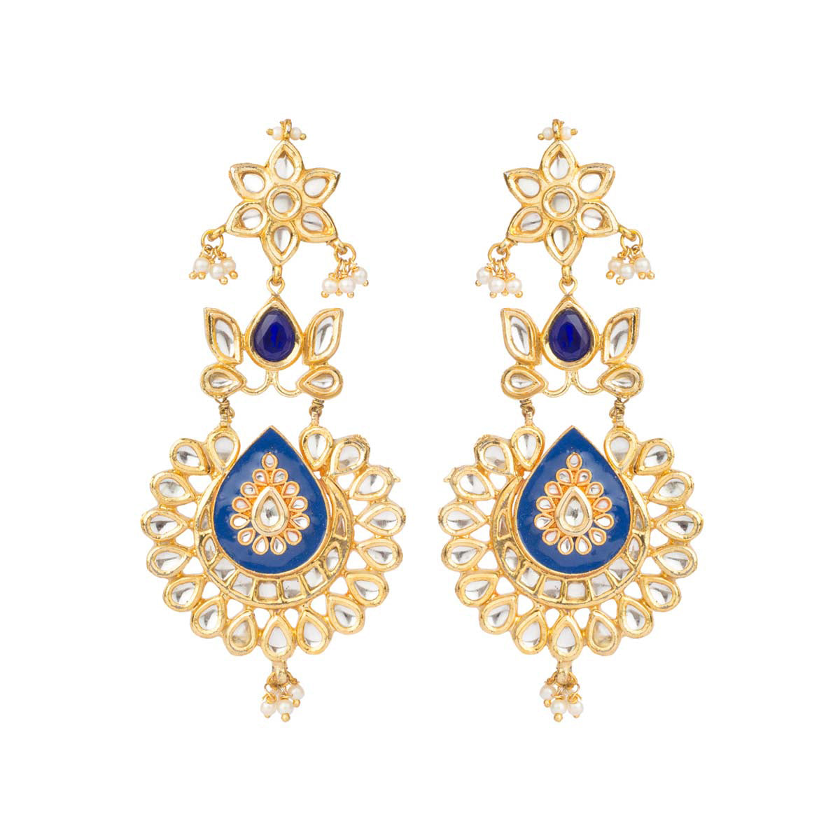 Entwined with a cut of the ages and a flair of the future, these long chandelier earrings keep it chic with blue enamel work, kundan setting, and dangly pearls.