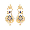 Entwined with a cut of the ages and a flair of the future, these long chandelier earrings keep it chic with blue enamel work, kundan setting, and dangly pearls.