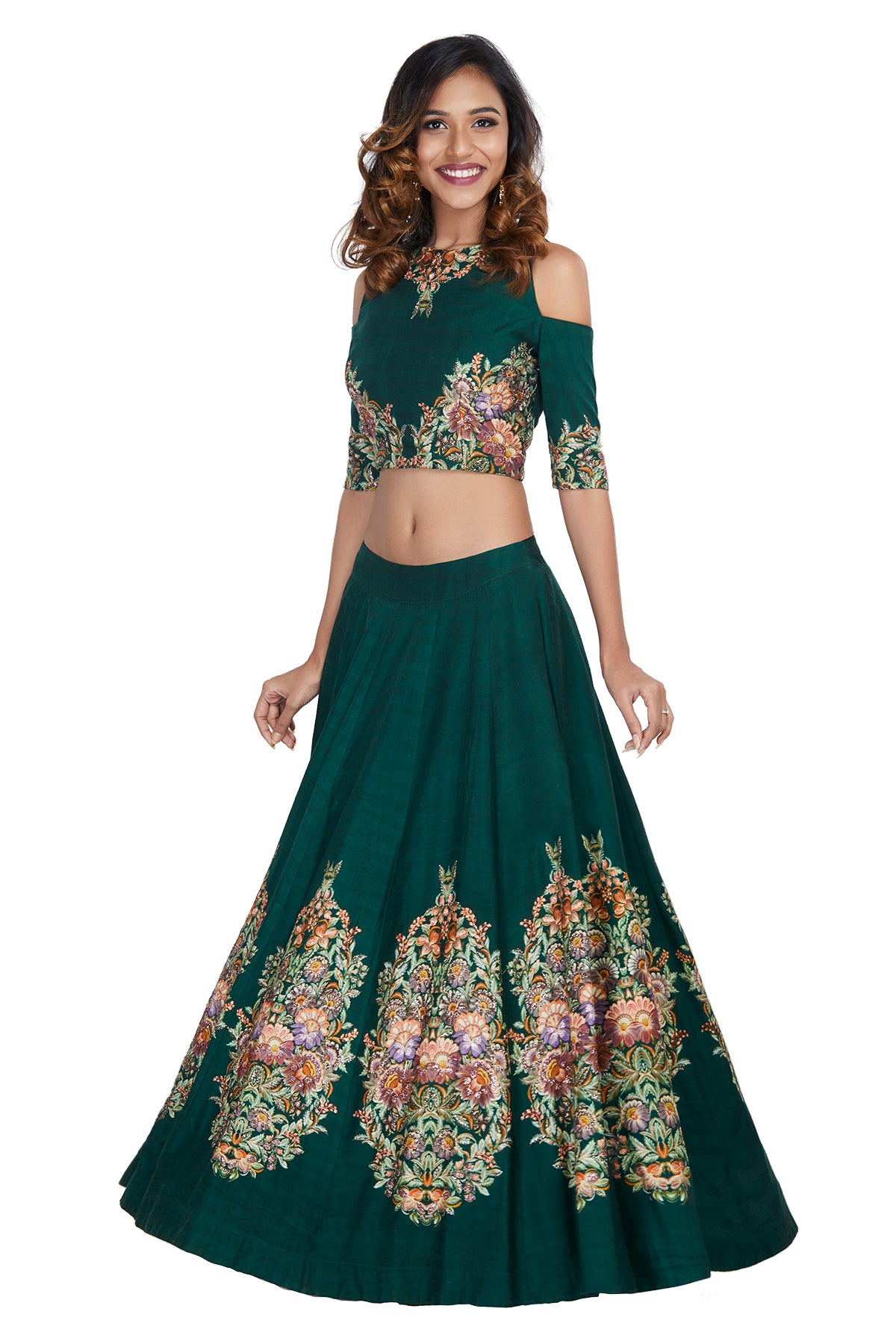 Bottle Green Printed Crop Top And Skirt TheStylease