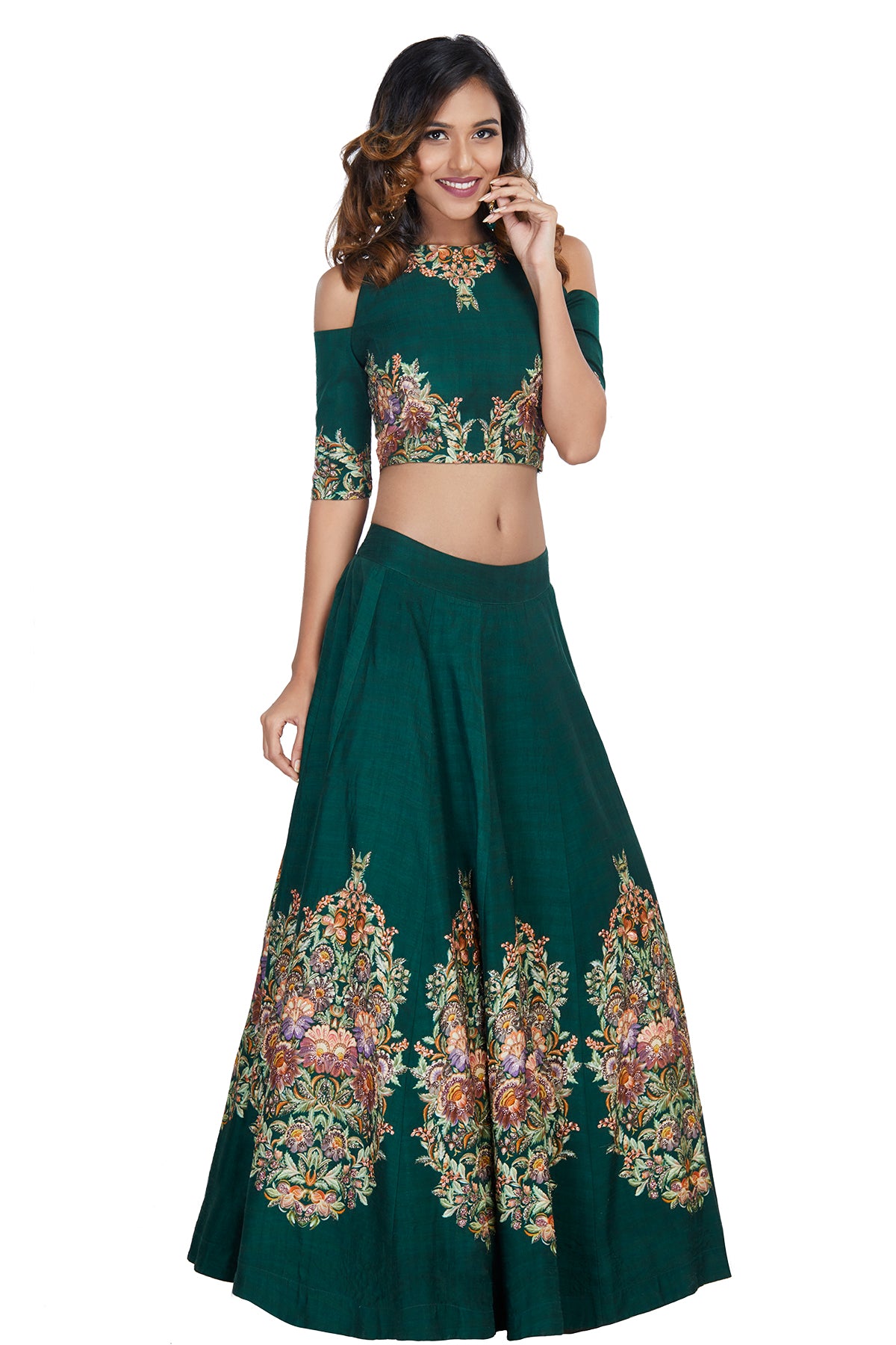 Bottle Green Printed Crop Top And Skirt