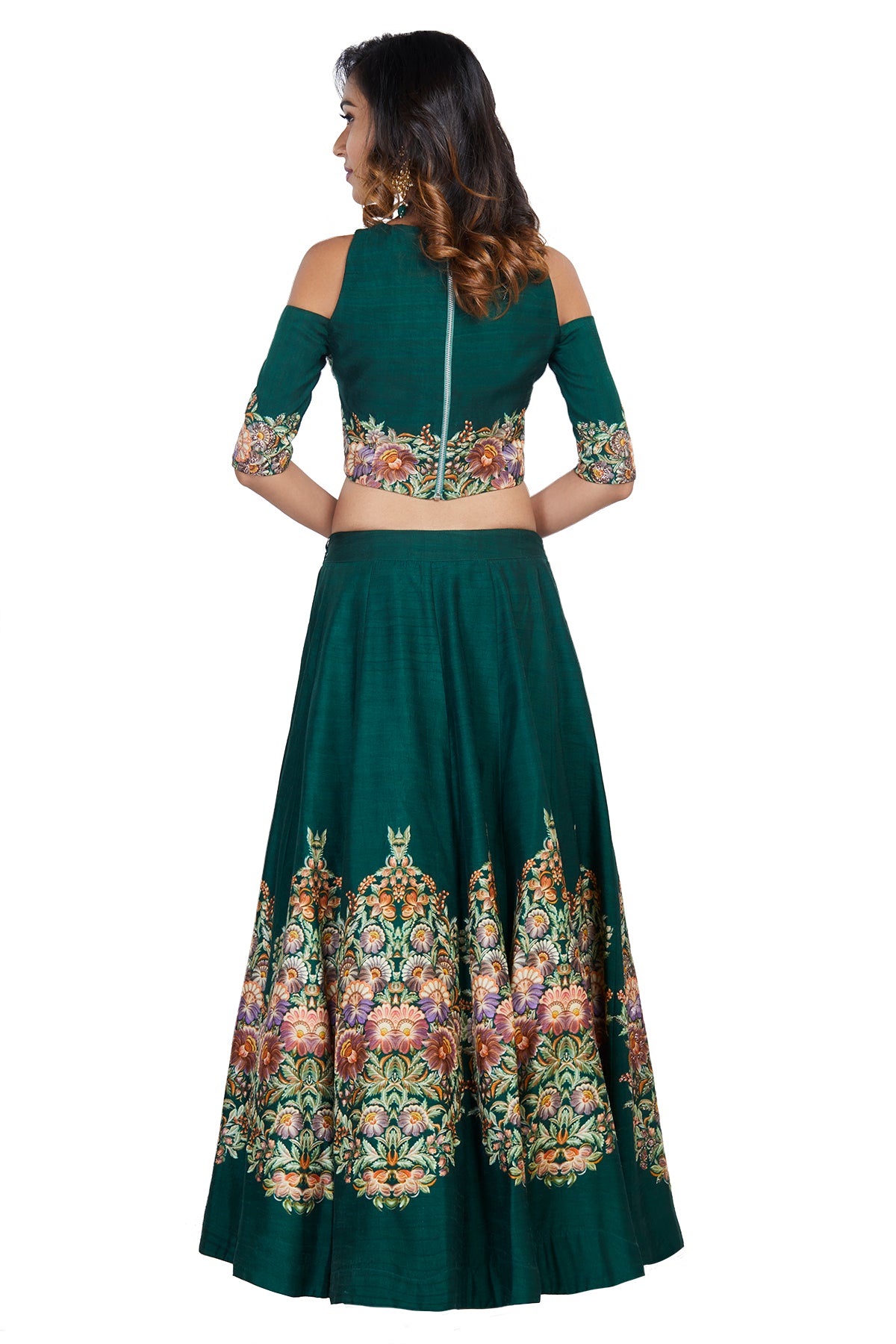 Bottle Green Printed Crop Top And Skirt