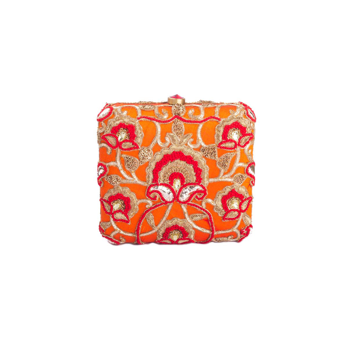There's tons to brag about our Lovetobags! This deep orange clutch with red threadwork, zardosi embroidery and mukesh work detailing strikes all the right silhouettes at once.