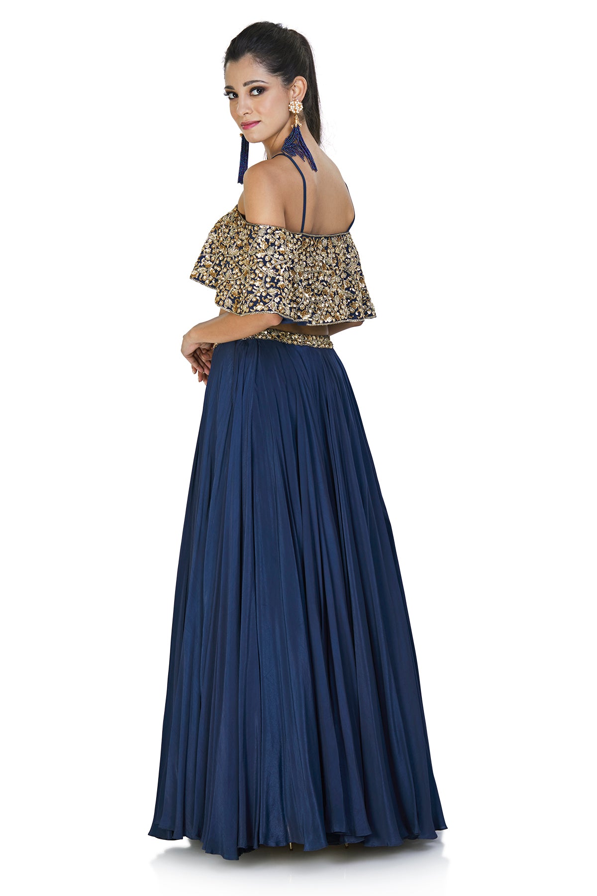 Embellished navy blue crop top and skirt