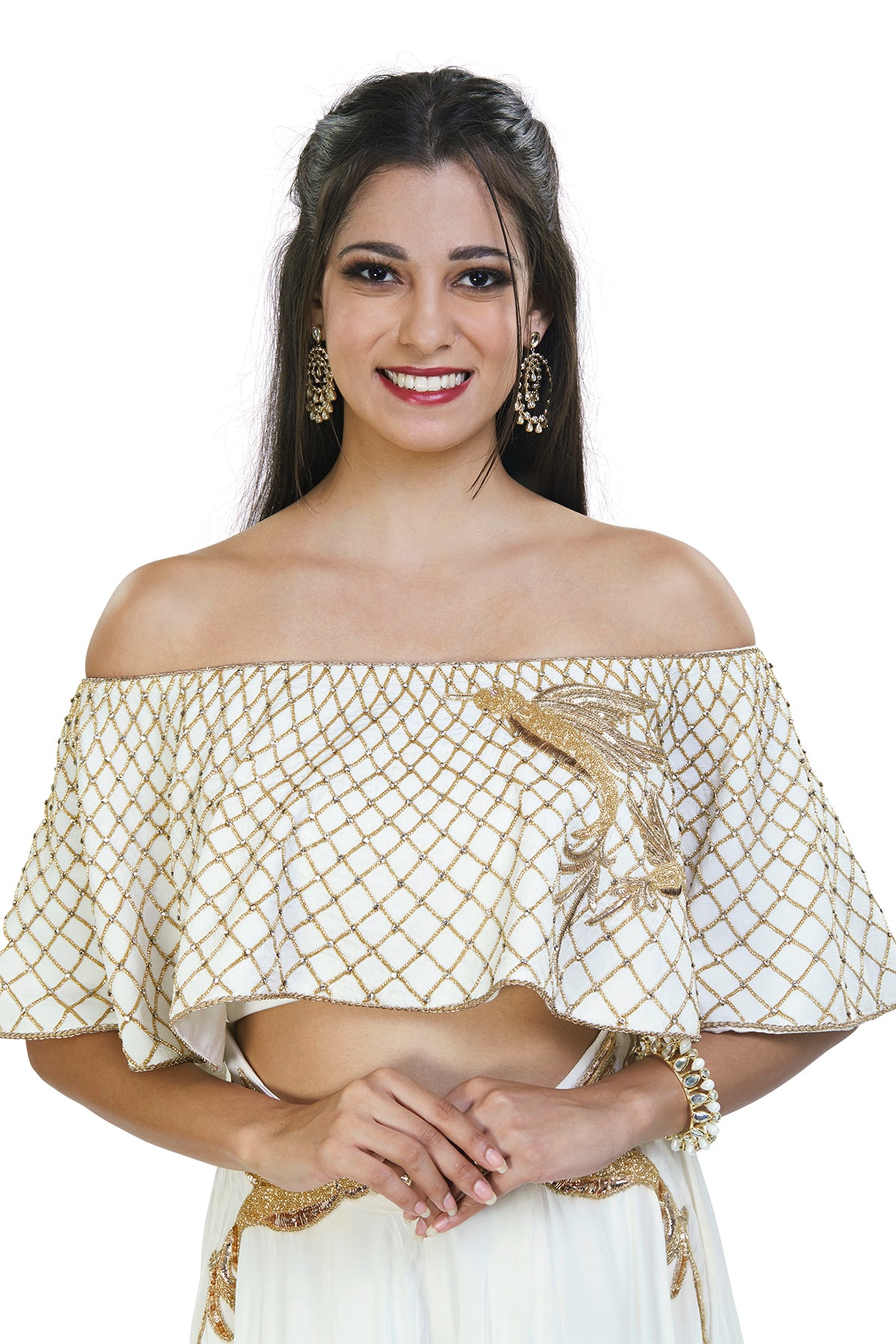 Embellished white cape & skirt set