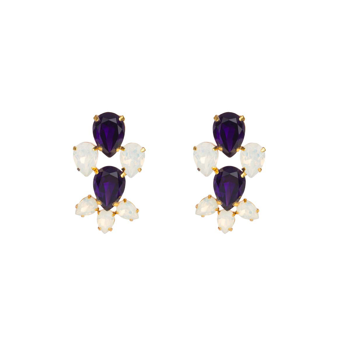 Dynamic in their dimensional design - turn your diva up with these gold plated earrings encrusted with white opal and purple Swarovski elements.
