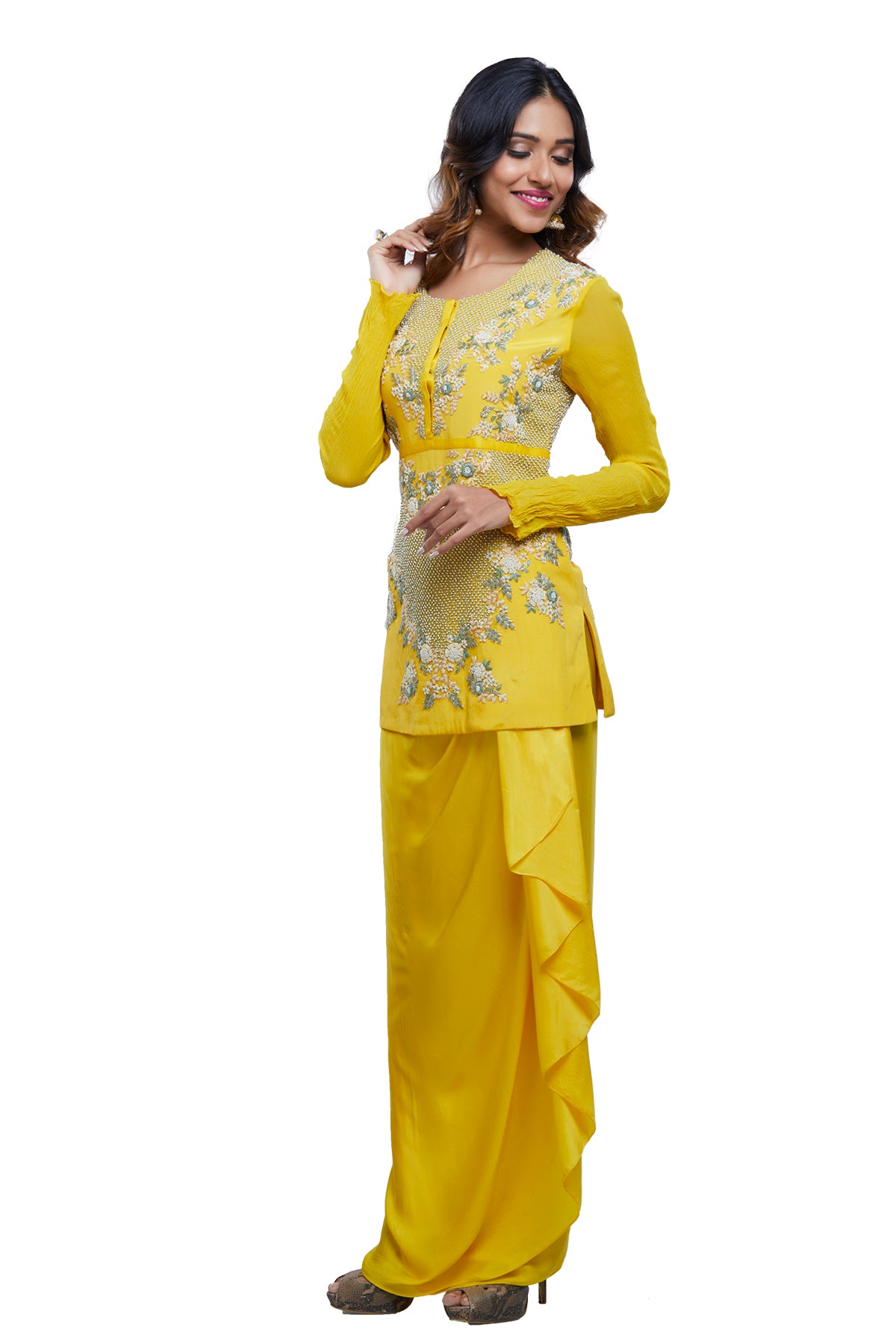 Yellow Embroidered Top On Draped Skirt