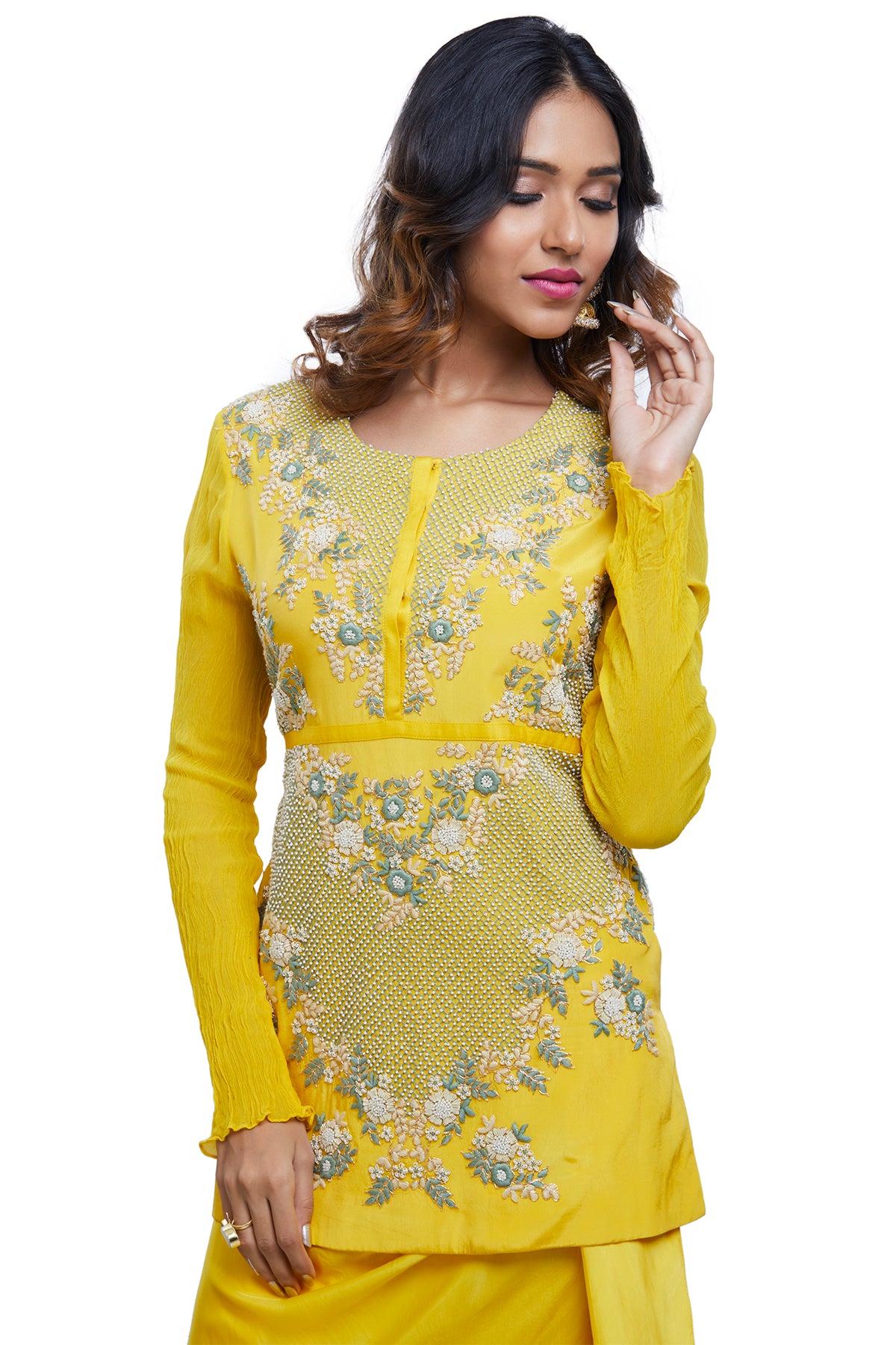 Yellow Embroidered Top On Draped Skirt