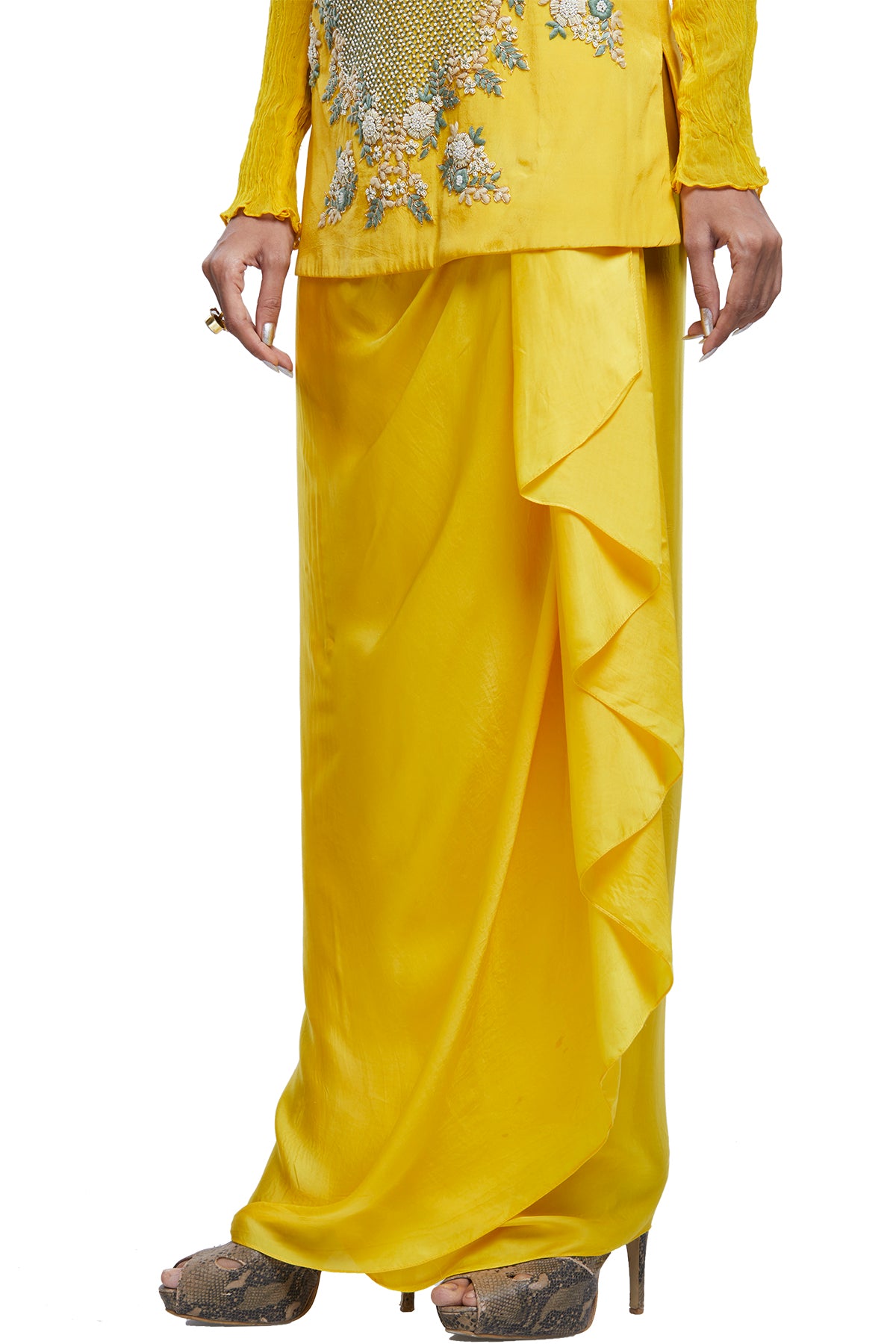 Yellow Embroidered Top On Draped Skirt