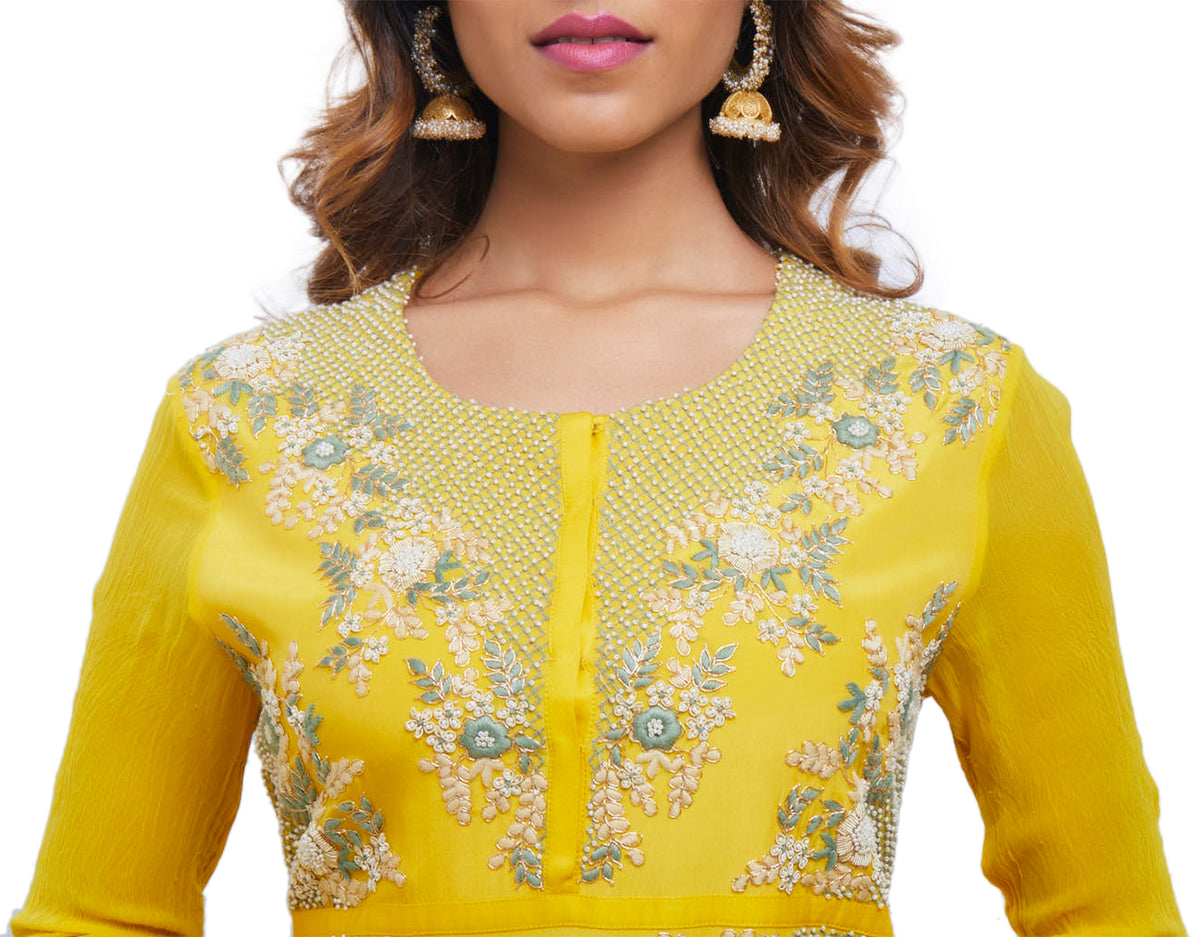 Yellow Embroidered Top On Draped Skirt