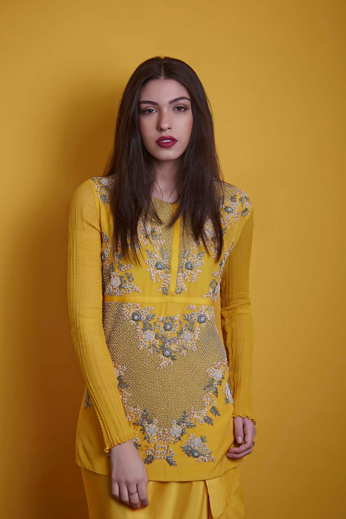 Yellow Embroidered Top On Draped Skirt