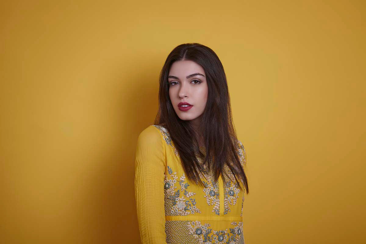 Yellow Embroidered Top On Draped Skirt