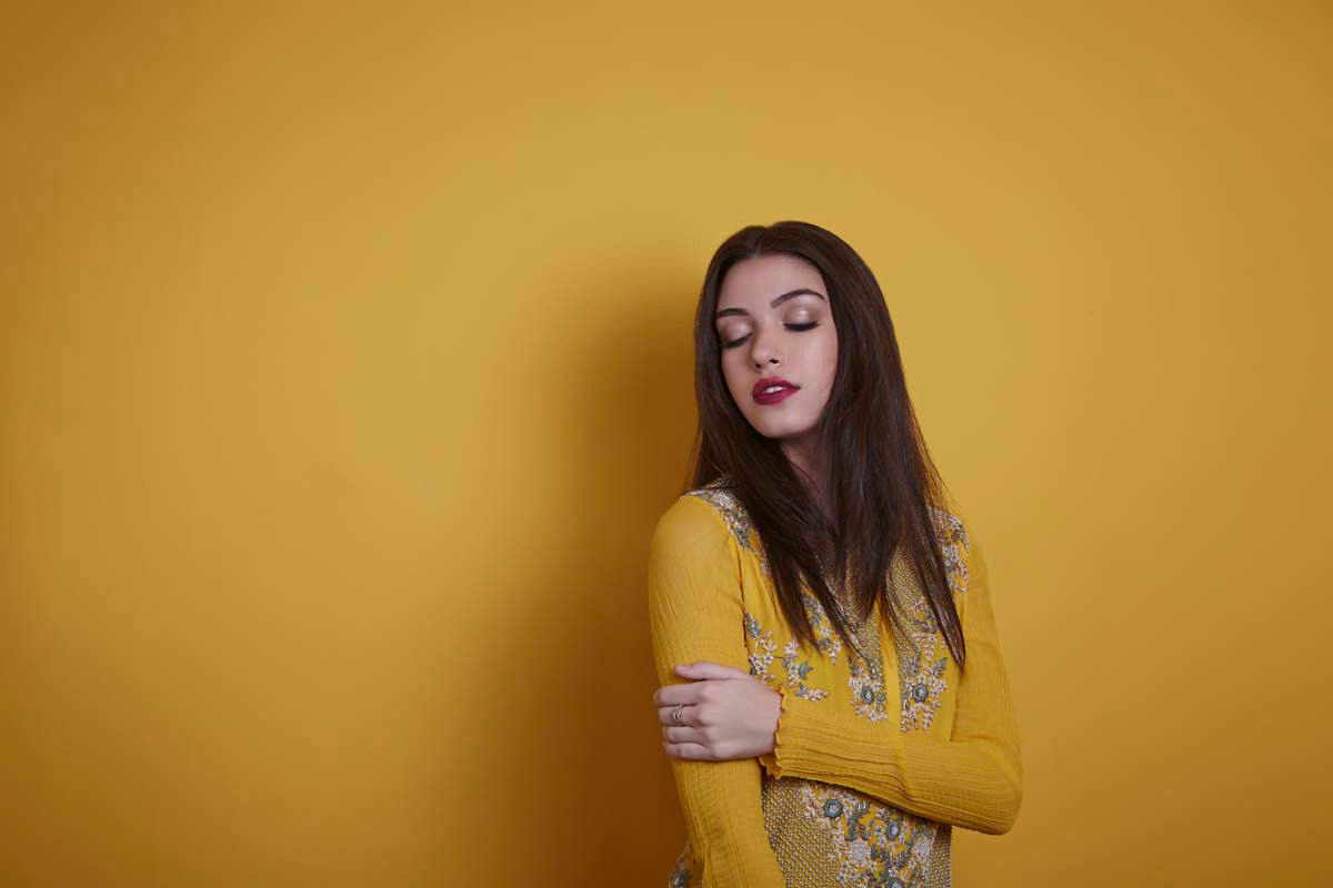 Yellow Embroidered Top On Draped Skirt