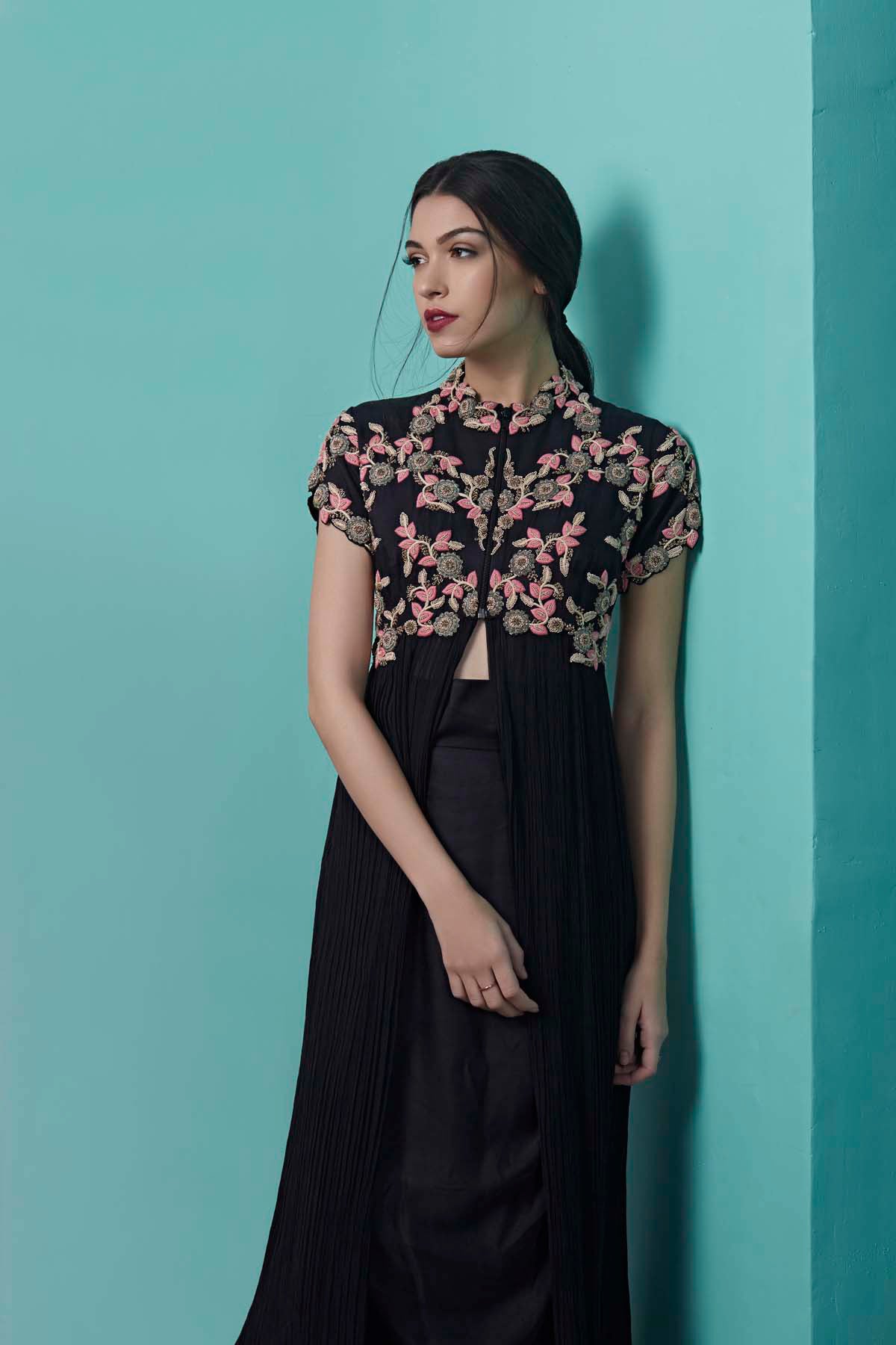 Navy Blue Gathered Jacket And Wrap Skirt