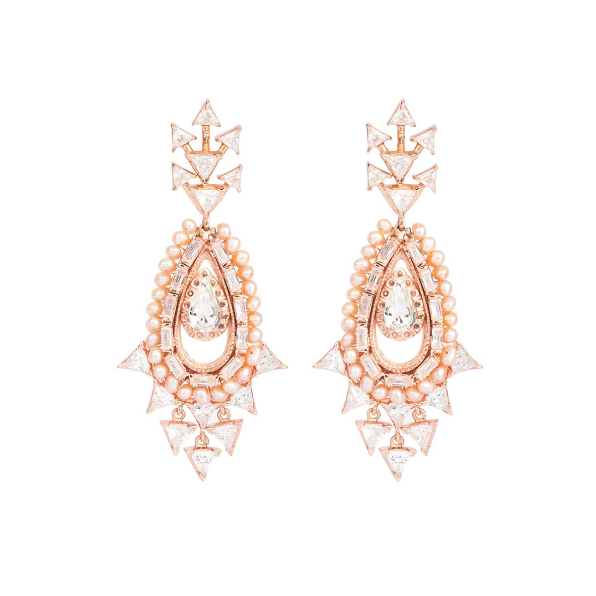 Finished with the shimmer of a celestial star, these dangling earrings are embedded with rose & gold stones.