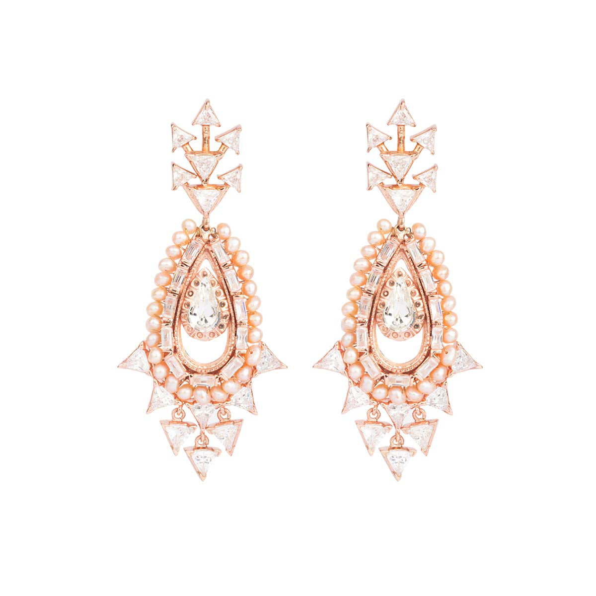 Finished with the shimmer of a celestial star, these dangling earrings are embedded with rose & gold stones.