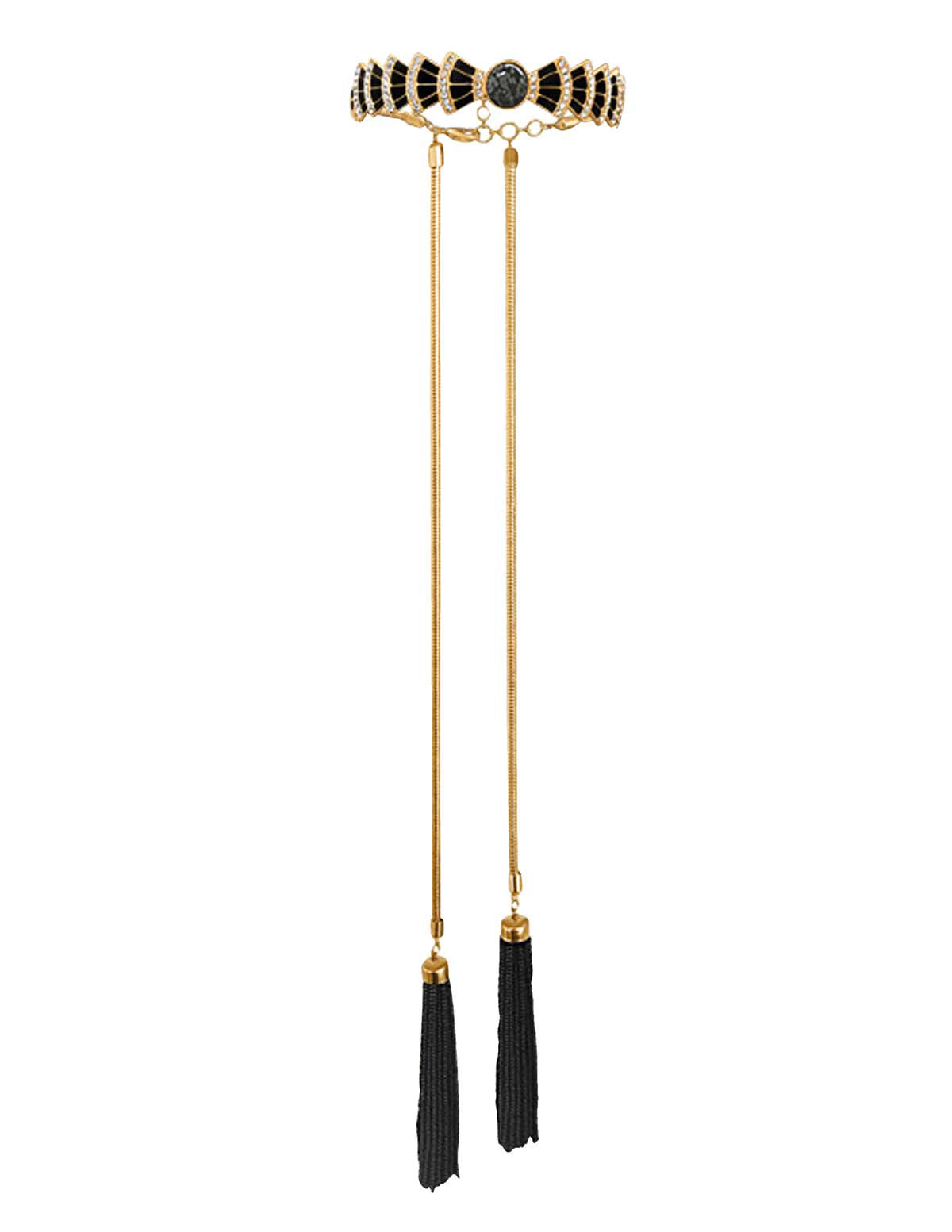 This ornate piece is sure to transform any outfit a thousand-fold with its glossy black enamel, petite Swarovski crystals and natural stones come brought together on solid gold plated hardware.
