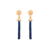 Set the dance floor ablaze in these beaded tassel earrings in deep blue cascading from gold. pearl and crystal-encrusted studs.