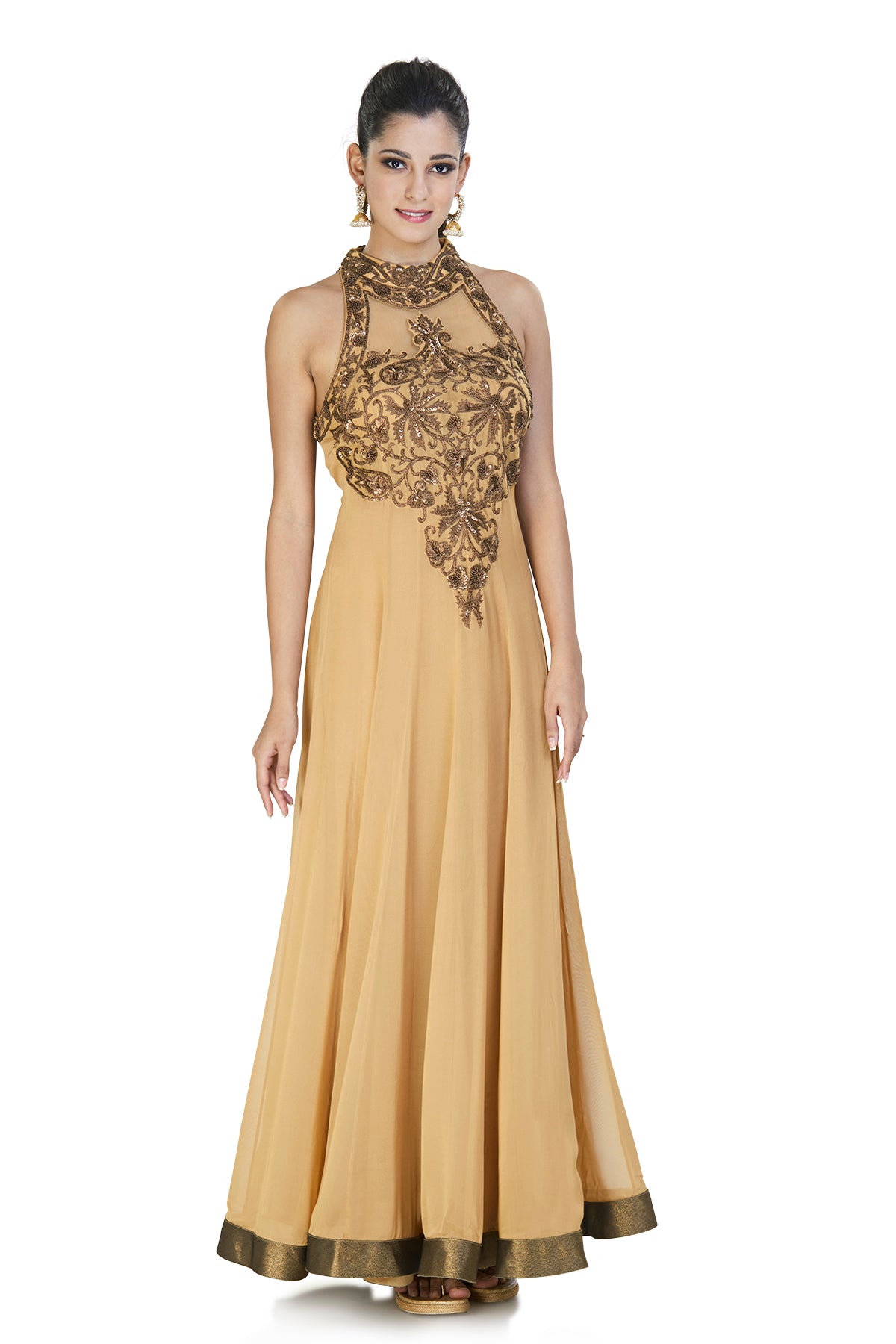 Guilded with gold and finished with grace, this gold gown is crafted with bronze work on the neck panel and a striking bronze trim.