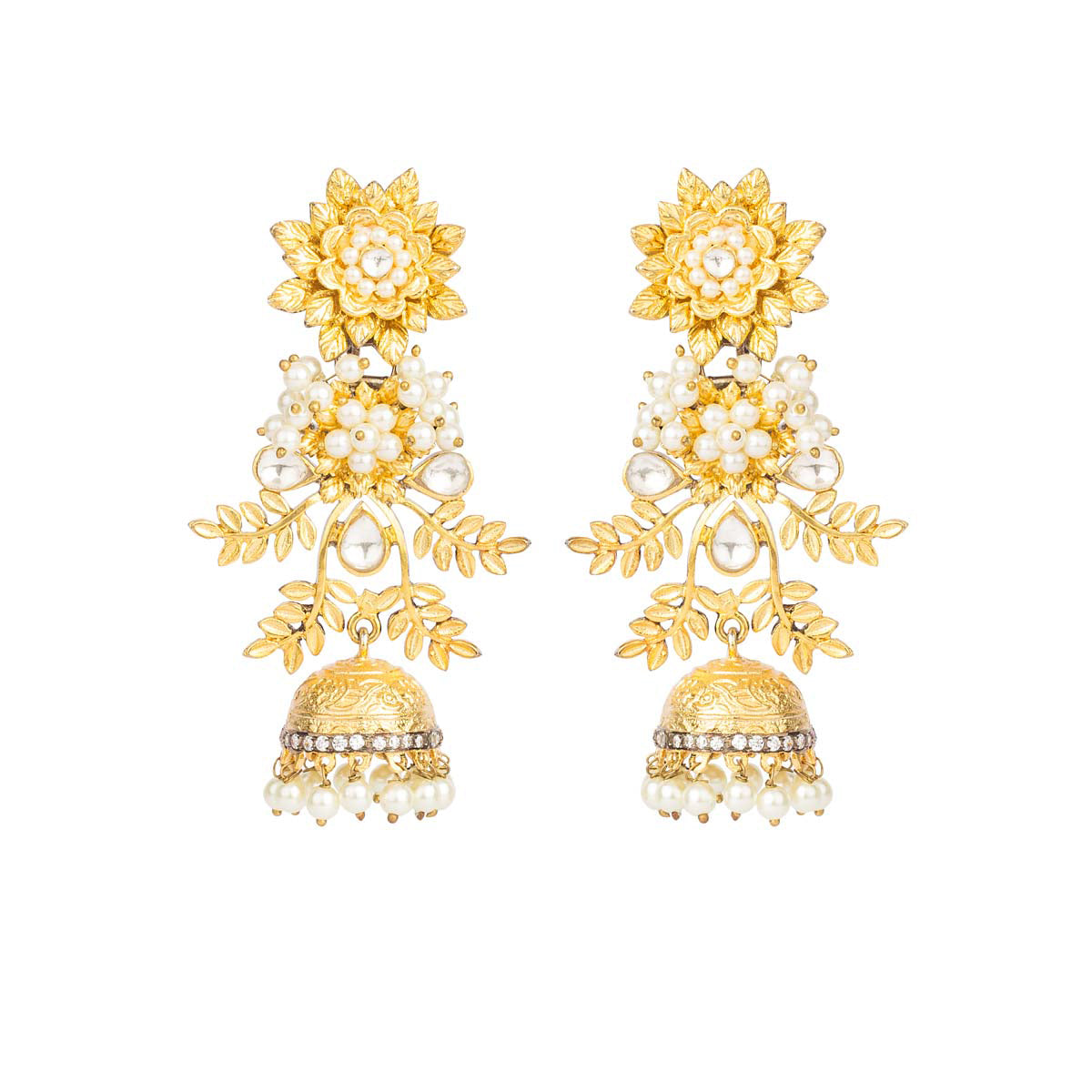 Just as a botanical garden in full bloom - these floral filigree earrings in a matte gold finish have kundan & pearl drops set in a mixed metal alloy.