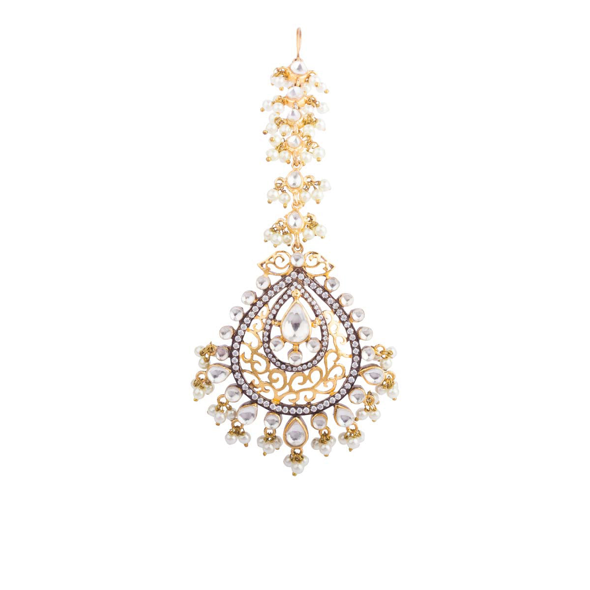 Gold Kundan And Pearl Drop Maang Tikka