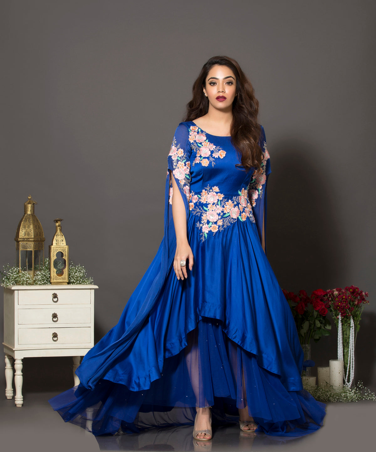 Royal blue cape sleeve gown –
